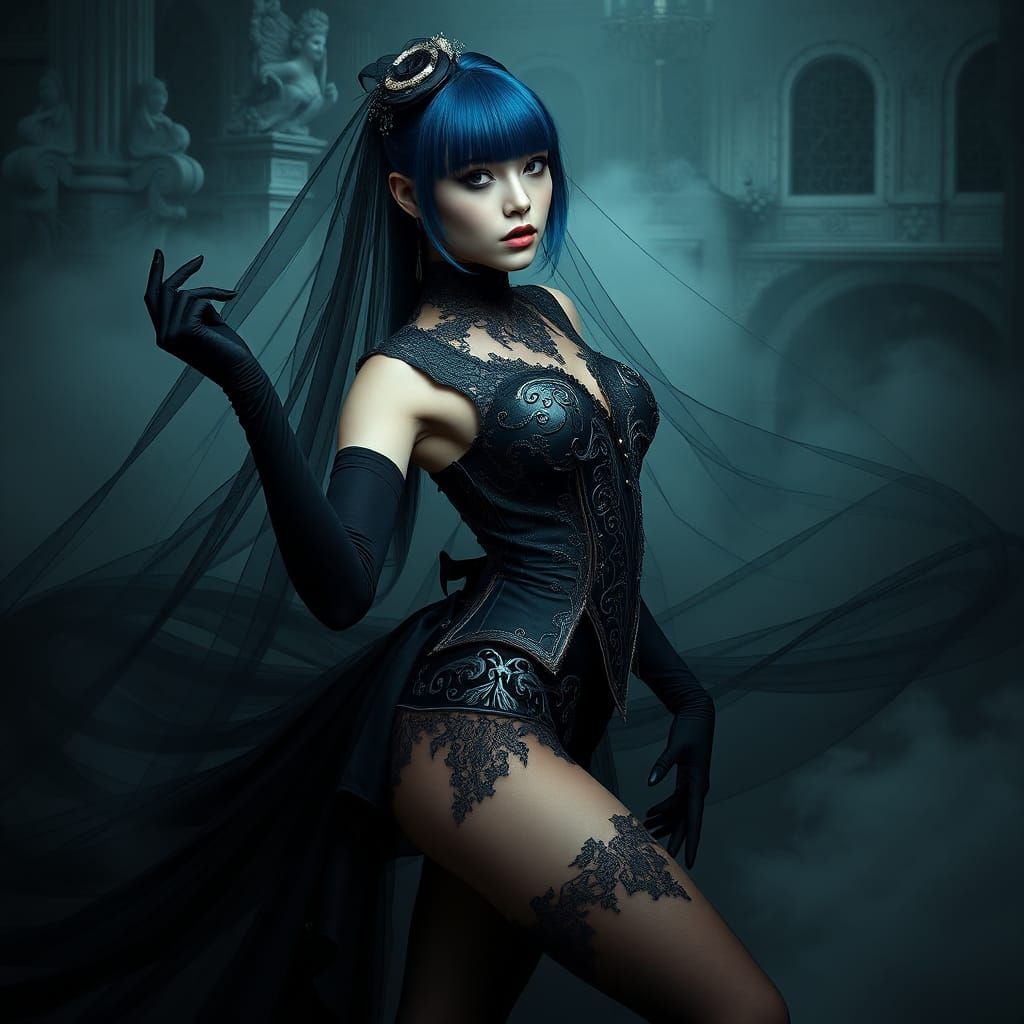 Mystical Woman in Black Leotard with Flowing Train