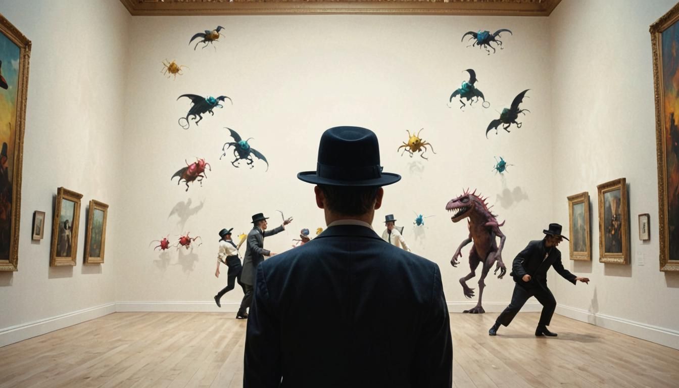 Surreal Museum Scene with Monsters, Magritte-Inspired