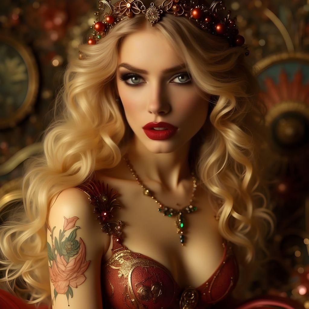 Blonde Beauty with Red Lips in Art Nouveau Punk Style
