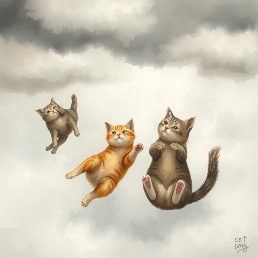 Whimsical Cats Falling from the Sky in Watercolor