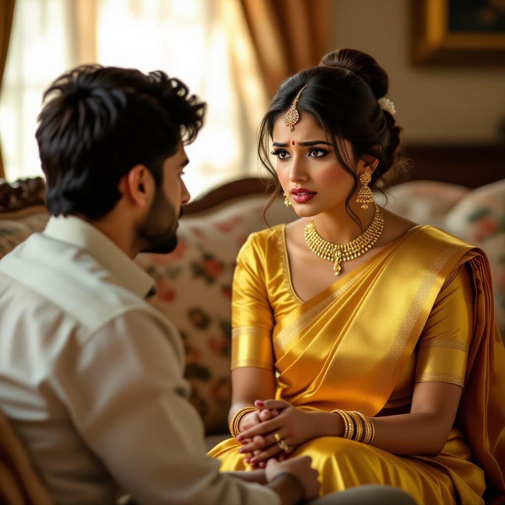 Indian Woman in Yellow Sari in Tense Conversation