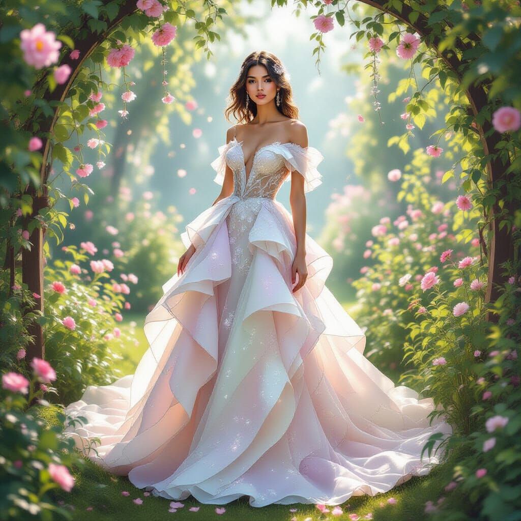 Ethereal Girl in Luminous Garden Couture Gown