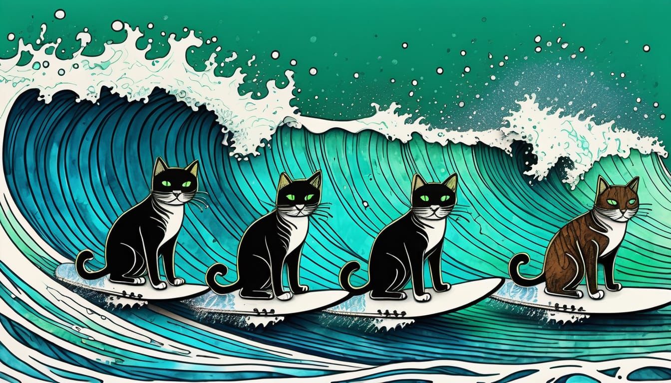 Cats Surfing: Whimsical Surrealist Ink Doodle