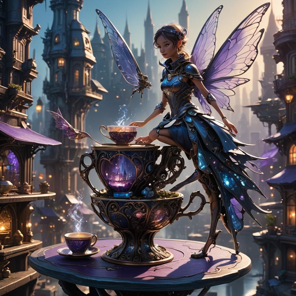 Fairy and Miniature City in Teacup, Sci-Fi Art