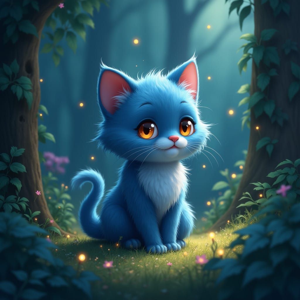 Adorable Blue Cat in Mystical Forest, Realistic Wildlife Art...