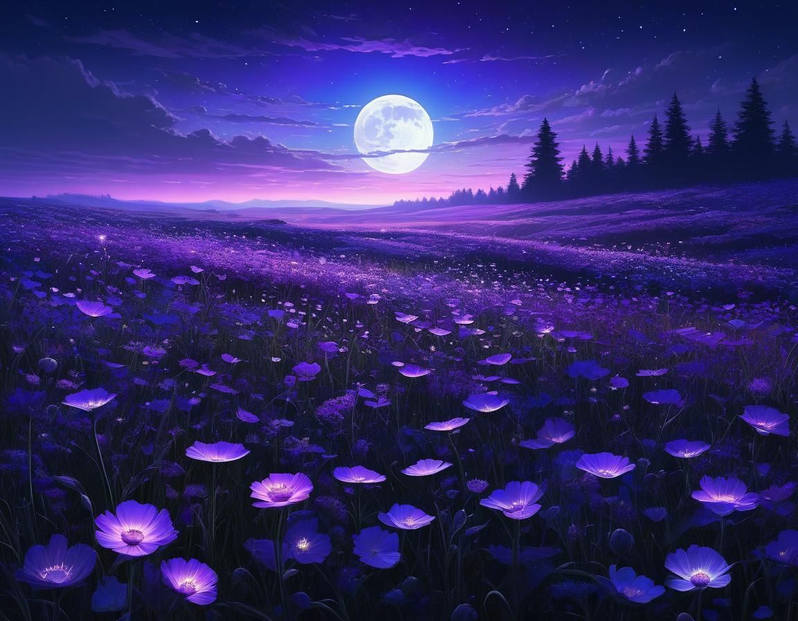 Ethereal Flower Field Shimmers Under Moonlight