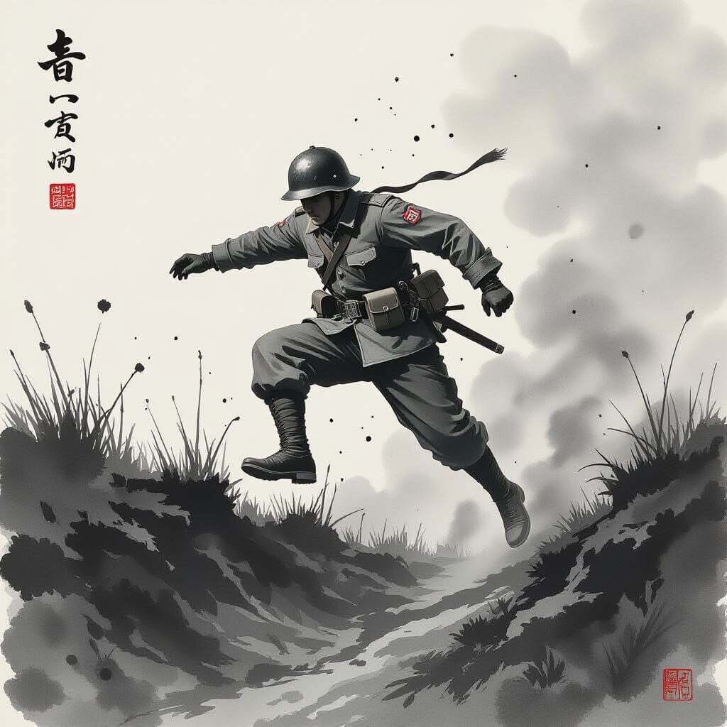 Soldier's Failed Leap on War-Torn Battlefield