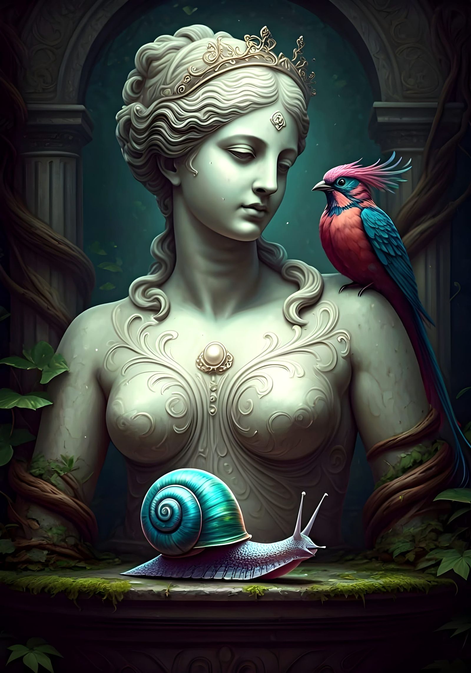 Whimsical Encounter Between a Snail and a Statue of Venus