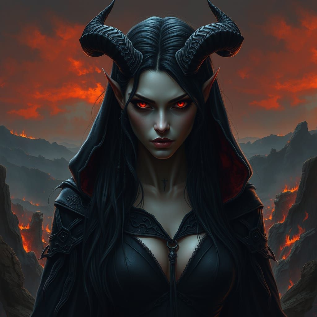 Gothic Demon Goddess in Fiery Hellish Landscape