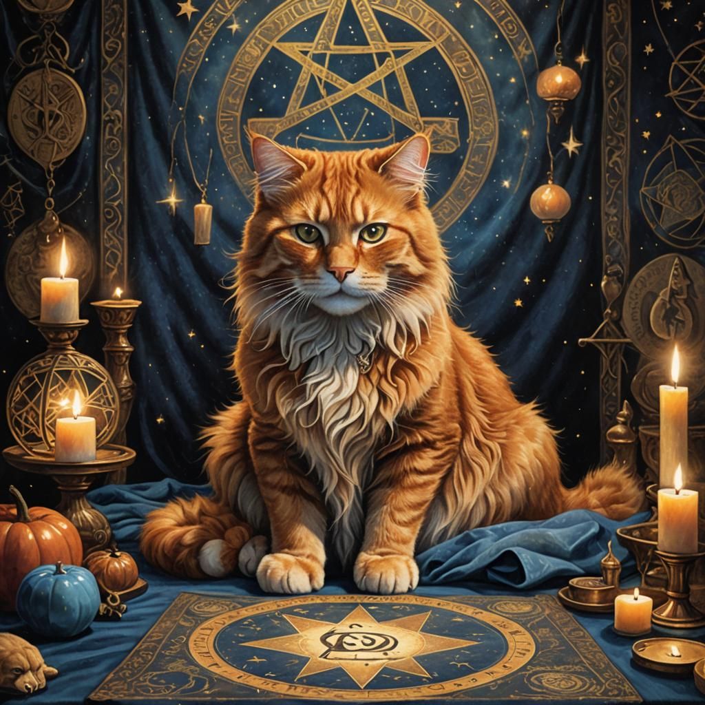 Ginger Cat Among Tarot Cards in Oil Painting Style