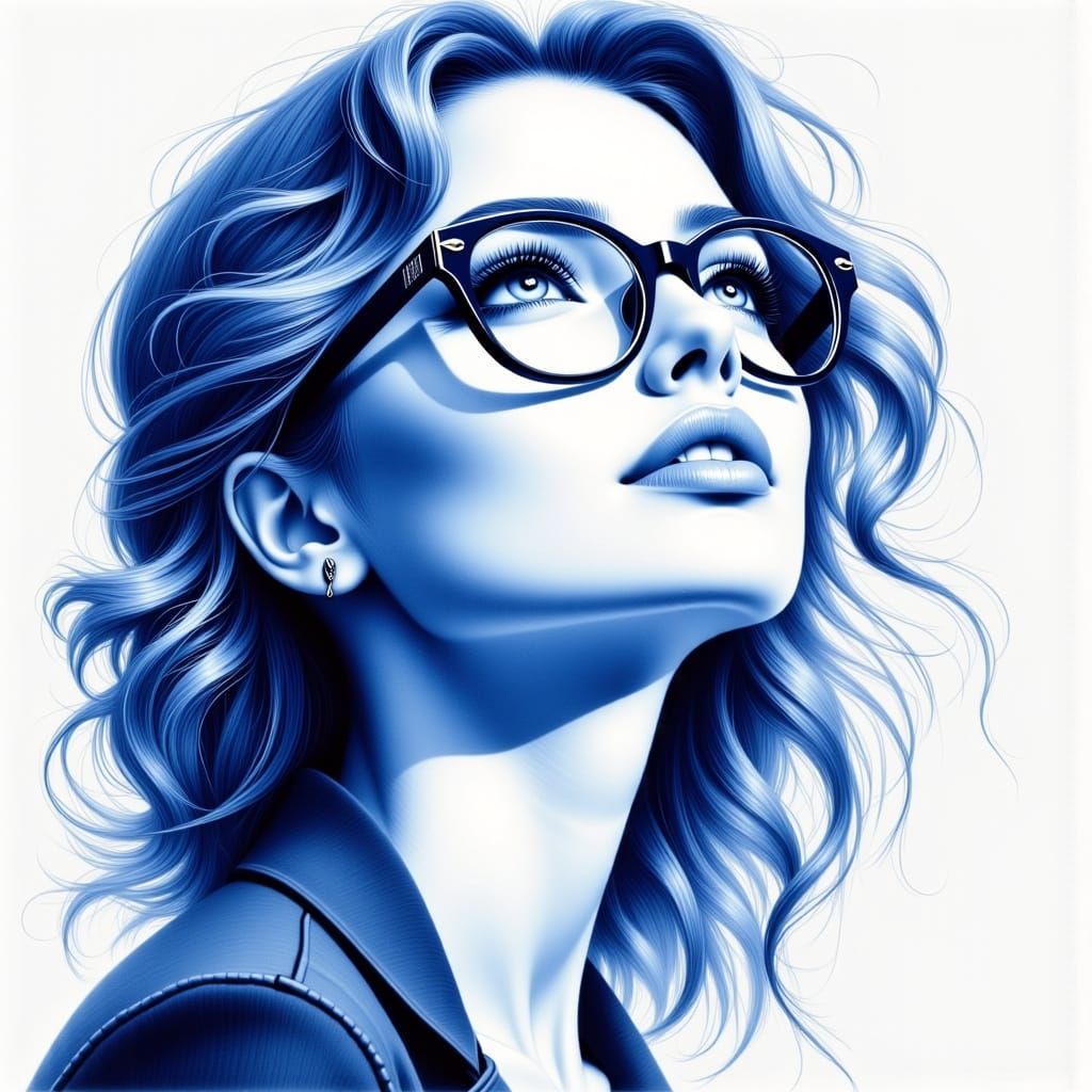 Surreal Portrait of a Woman in Deep Blue Ink
