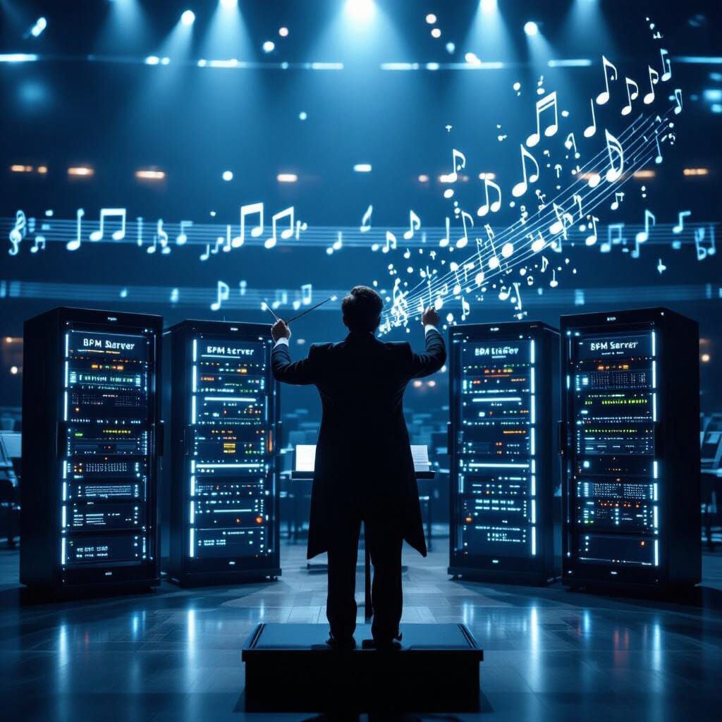 Conductor Directs Futuristic Servers in Cinematic Scene