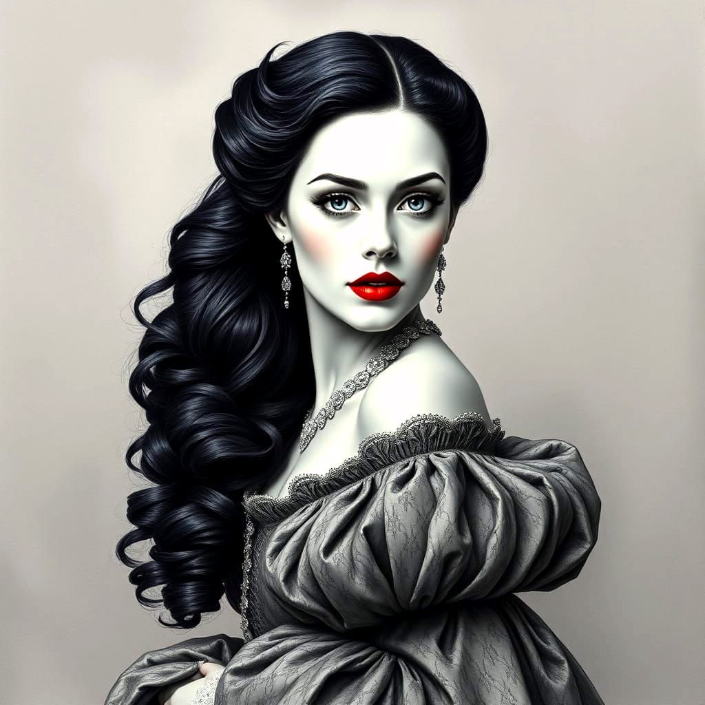 Elegant Victorian Lady in Charcoal Drawing