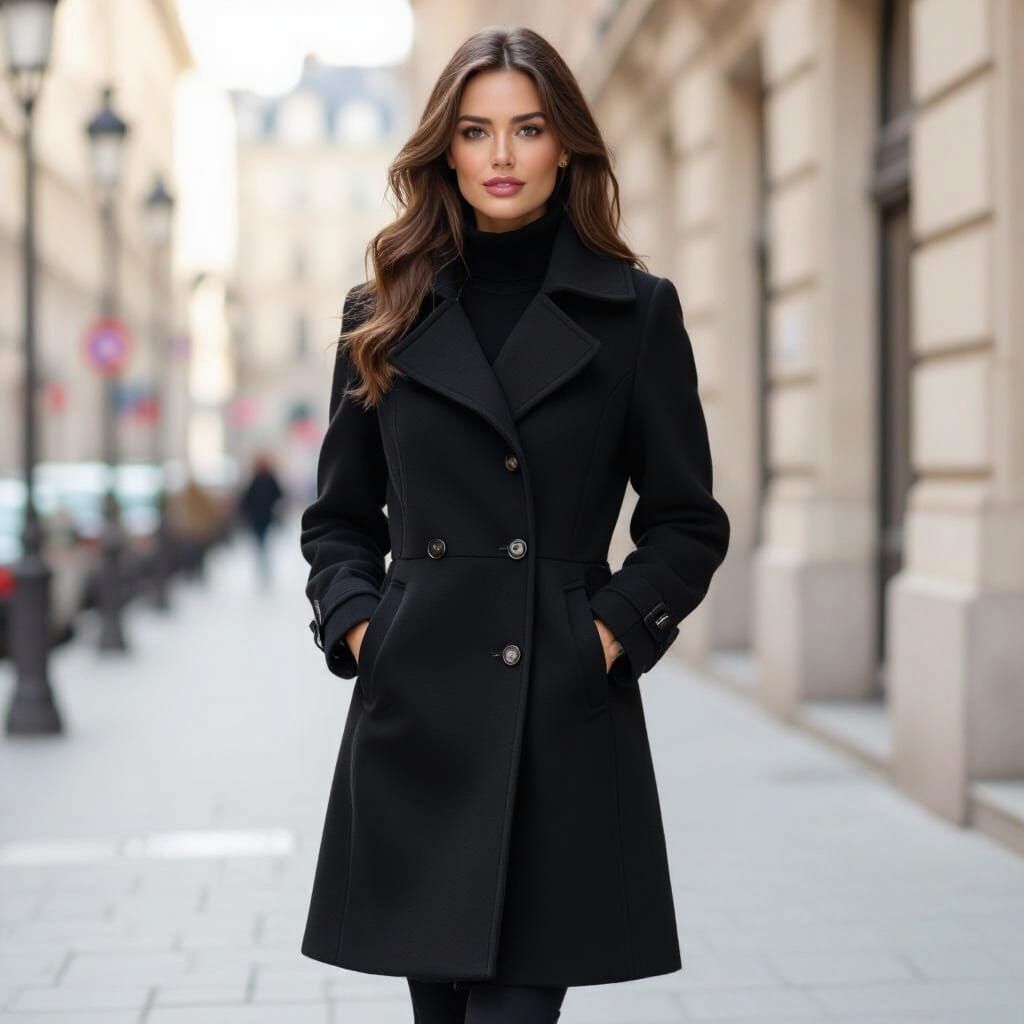 Chic Black Wool Coat with Graphic Zips
