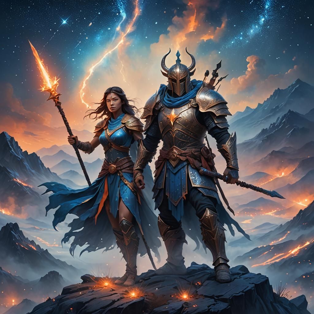 Warrior on Misty Mountain Under Starry Skies