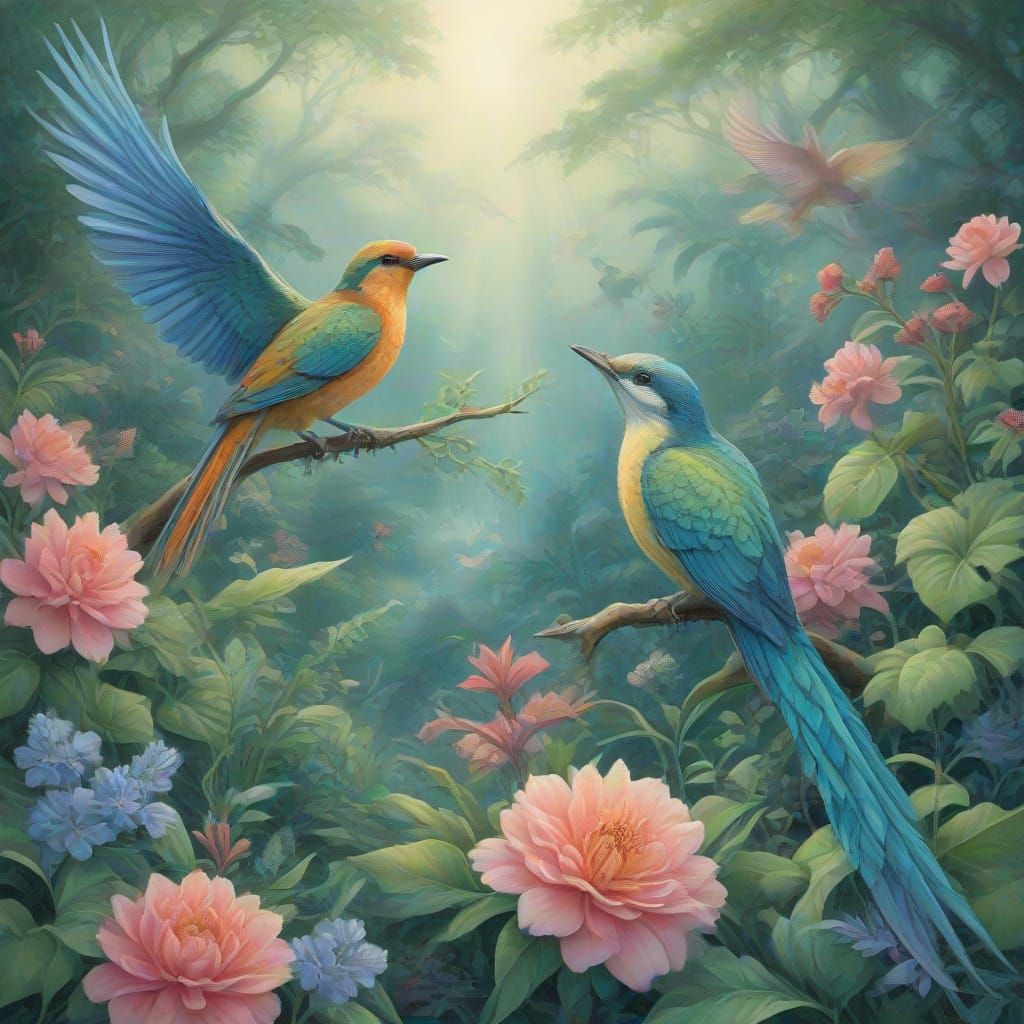 Whimsical Fantasy Landscapes with Birds and Florals