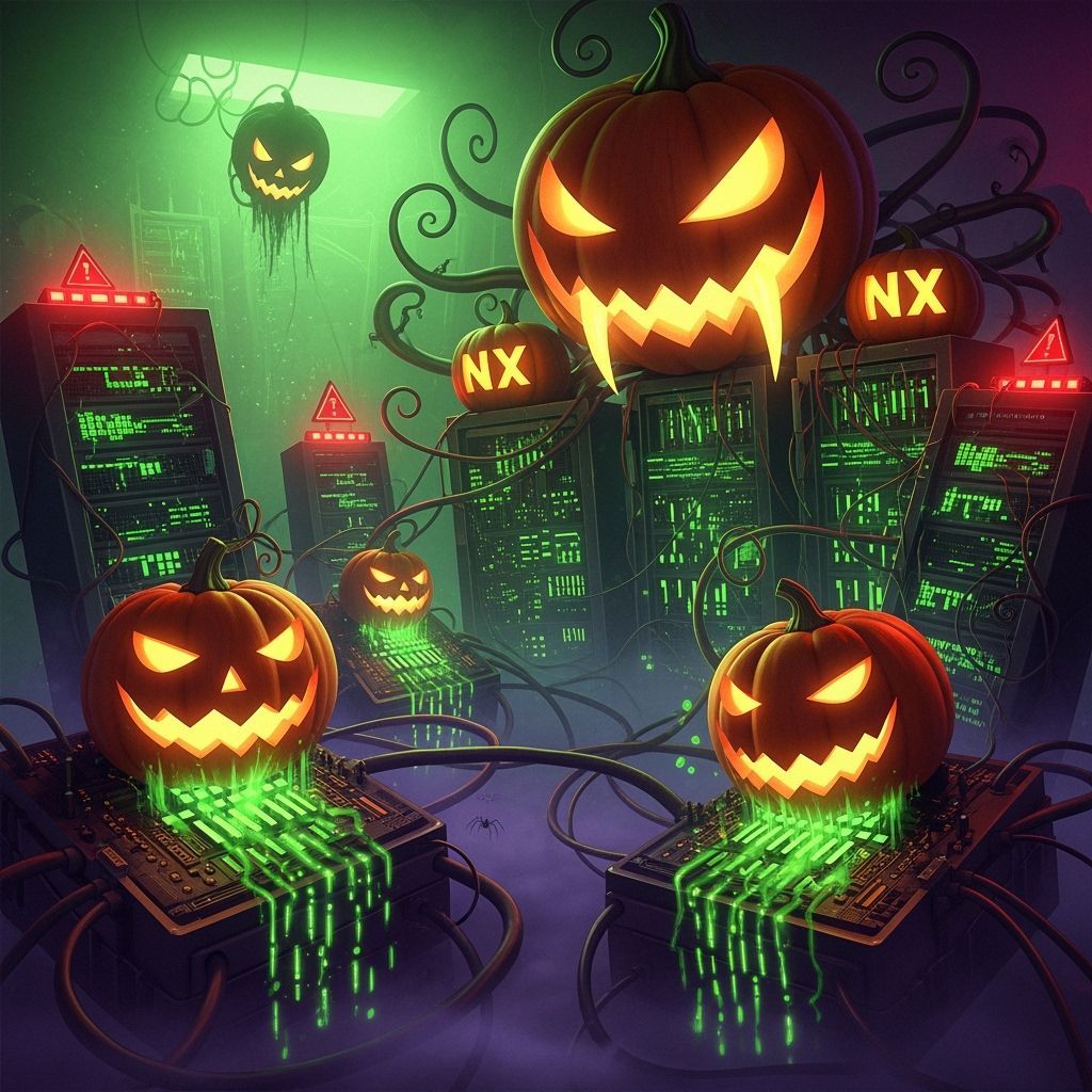 Cyber-Horror Halloween Data Center with Glowing Pumpkins
