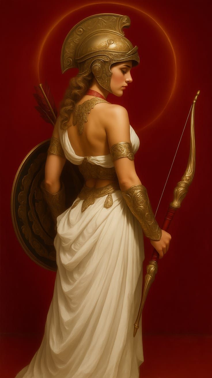 Warrior Woman with Bow in Crimson Setting