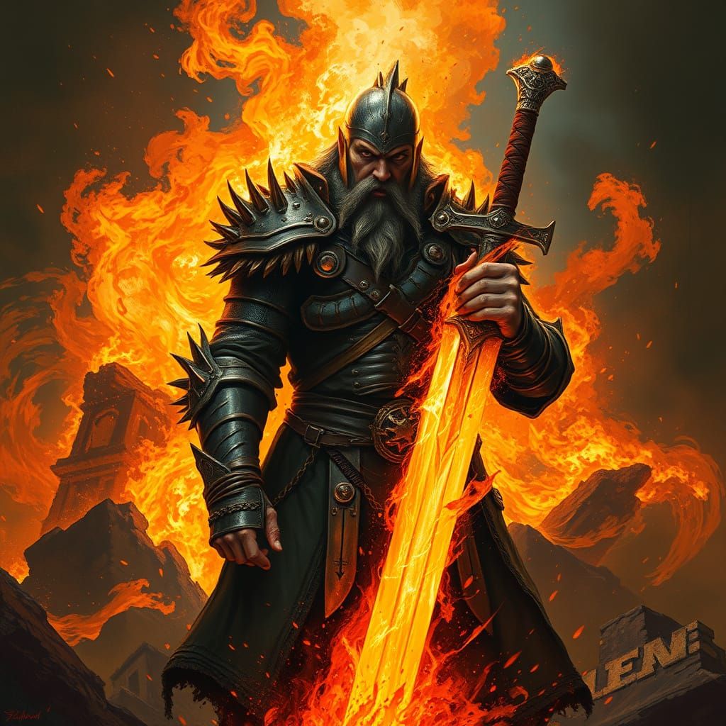 A Rugged Warrior Unleashes a Blazing Sword from the Inferno