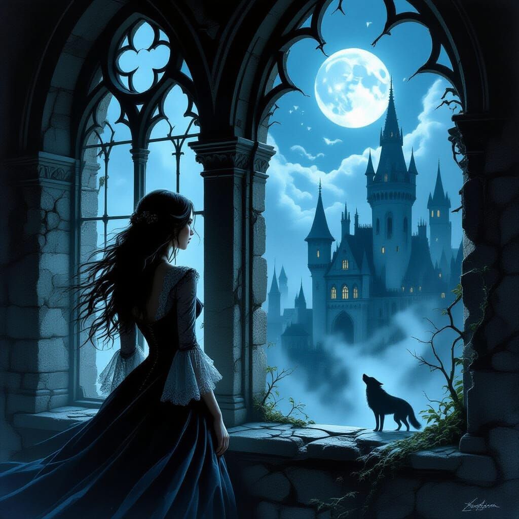 Gothic Castle Mystery: Woman Gazes at Moonlit Courtyard