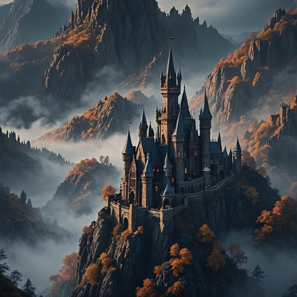 Mystical Gothic Castle on Misty Mountain Peak