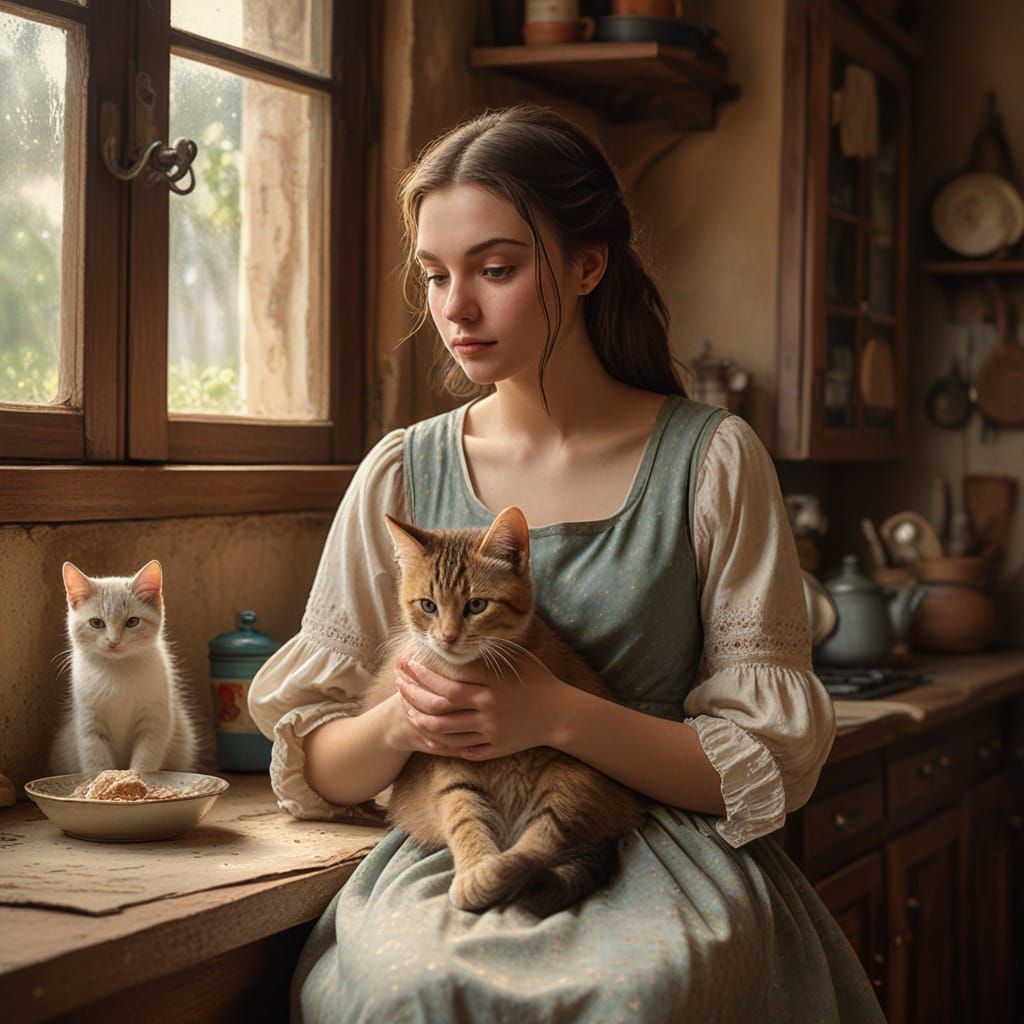 Medieval Woman With Kitten in Cozy Vintage Kitchen