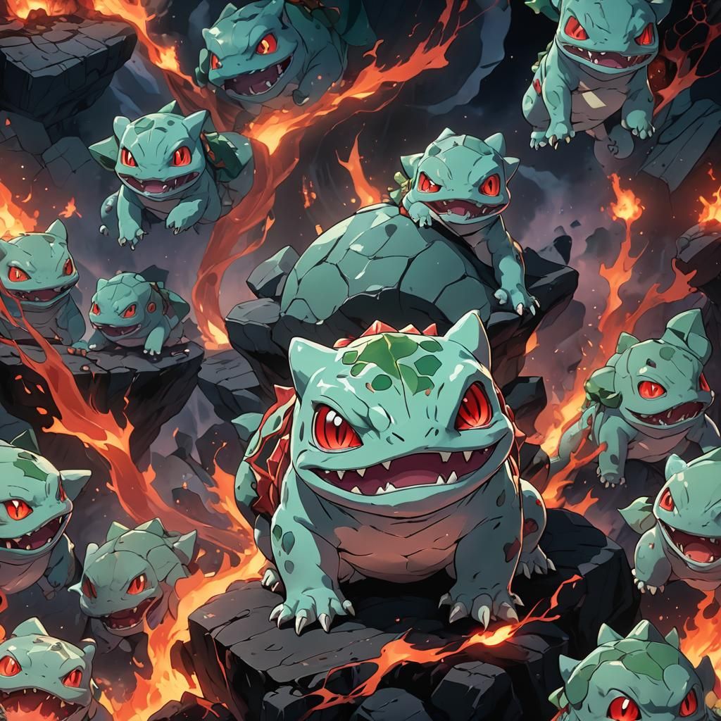 Demonic Porcelain Bulbasaur in Hellish Anime Style