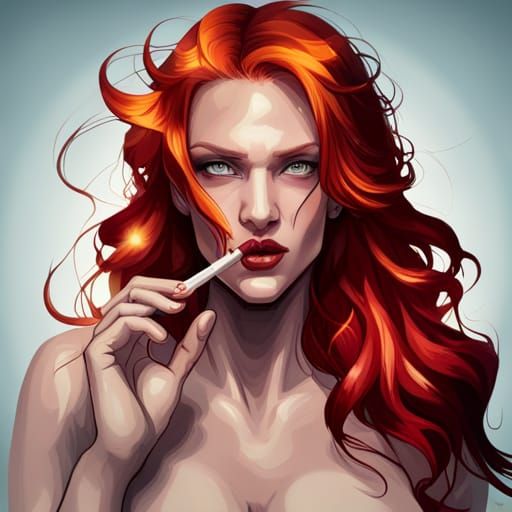 Red-Haired Woman Smoking: Art Nouveau Portrait