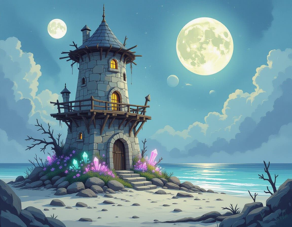 A lone alchemist's tower, constructed from salt crystals and...