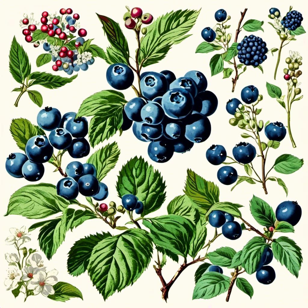 Vintage Blueberry Bush Digital Clipart Illustration