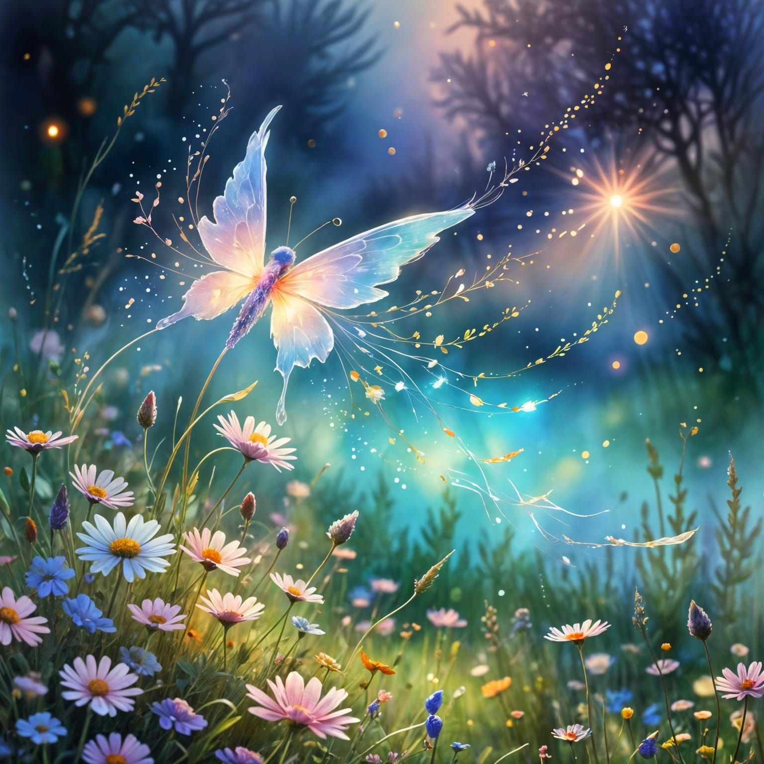 Whimsical Watercolor Fantasy Scene with Iridescent Wings