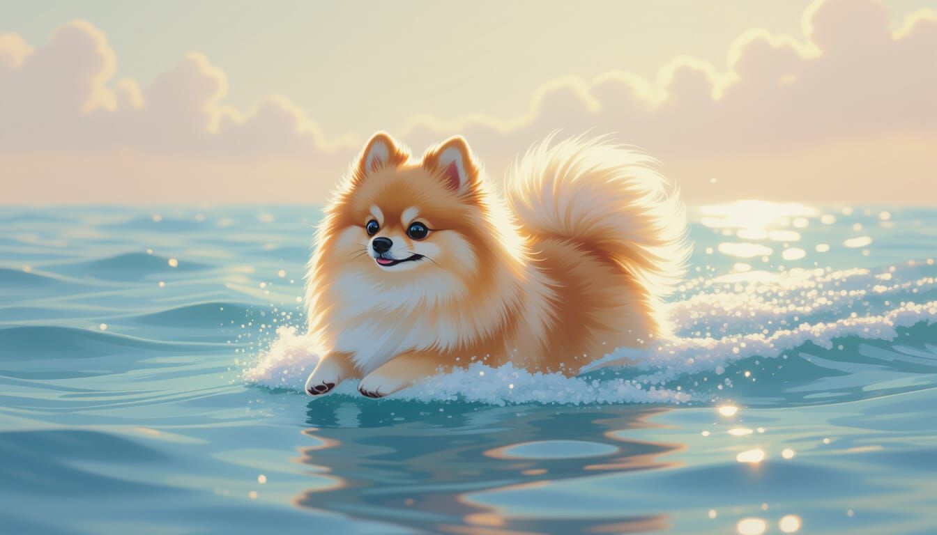 Ethereal Pomeranian Swimming in Dreamlike Ocean
