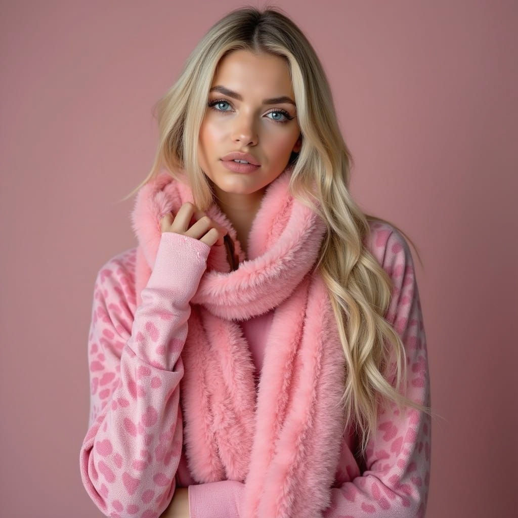 Glamorous Blonde Woman in Pink Leopard Print Dress and Fleec...