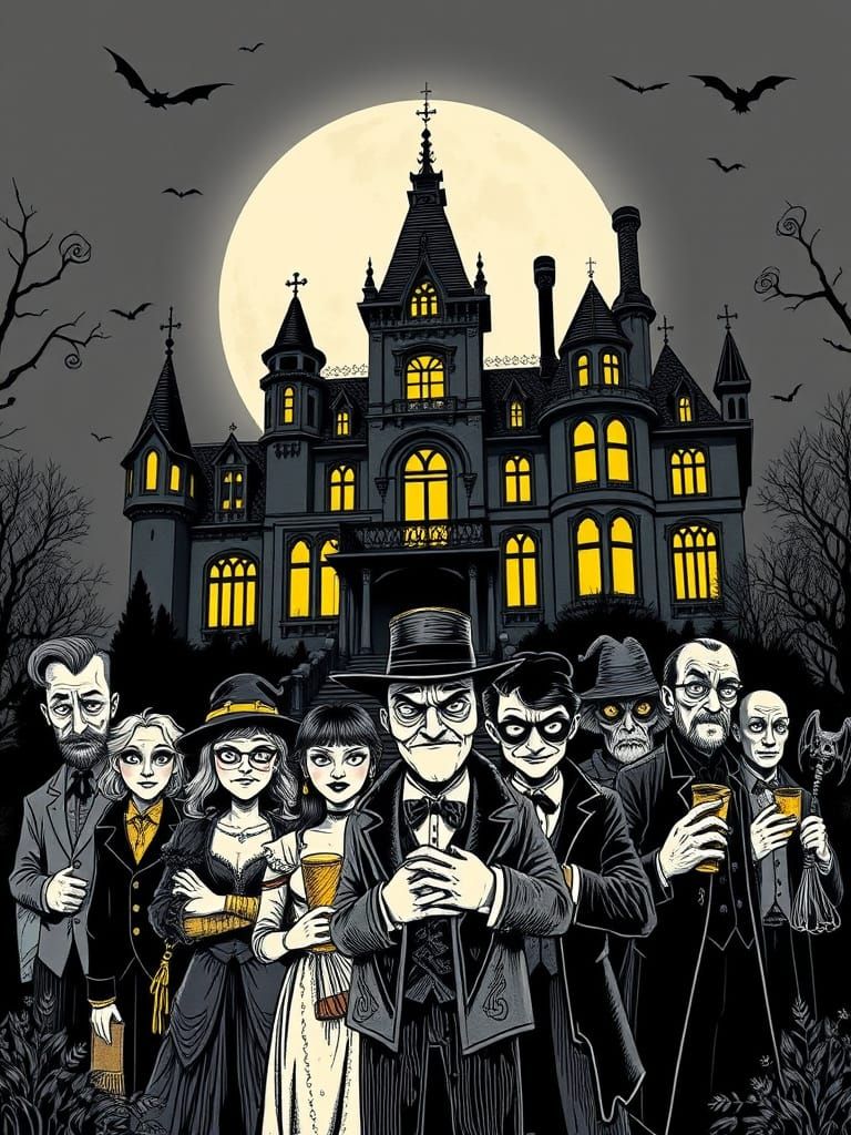 Whimsical Murder Mystery Mansion Poster in Ink Style