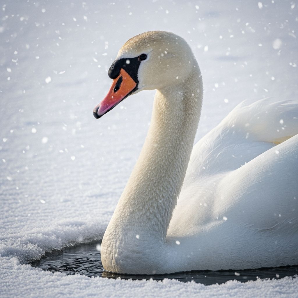 Majestic White Swan Swimming in Ice Hole