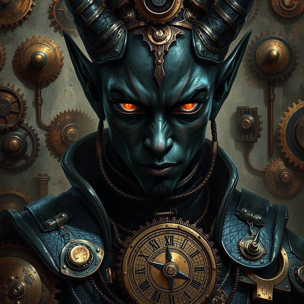 Steampunk Dark Elf with Clockwork and Bright Eyes