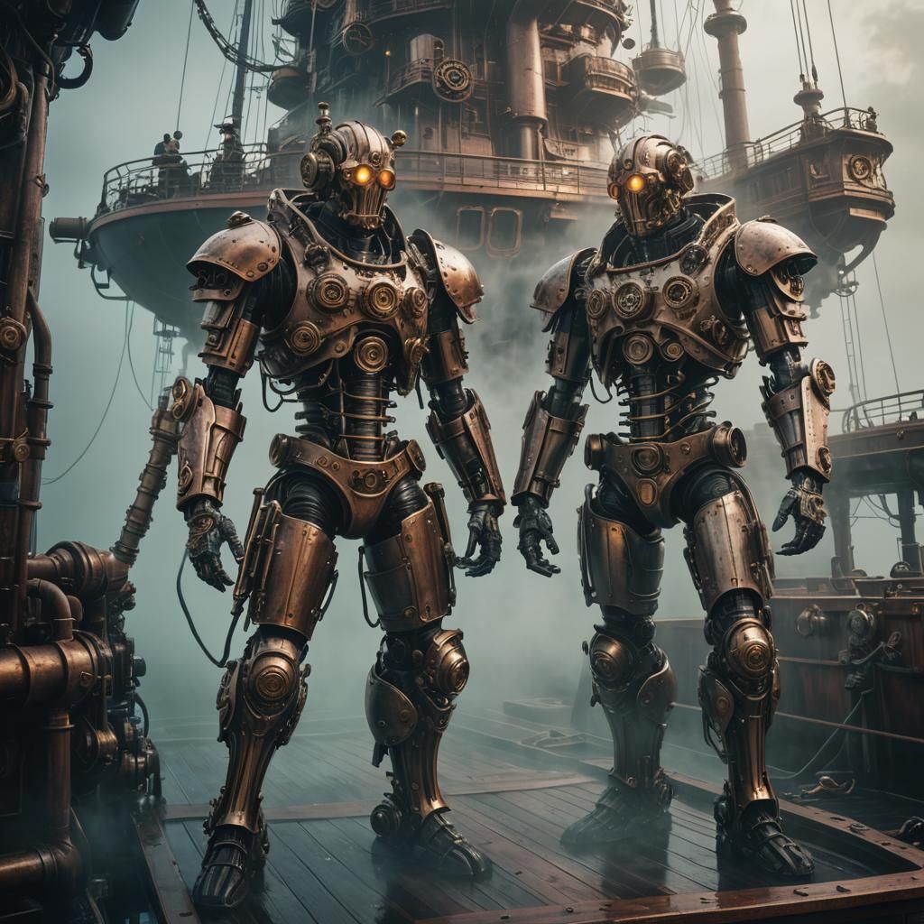 Steampunk Ship with Cyberpunk Warriors
