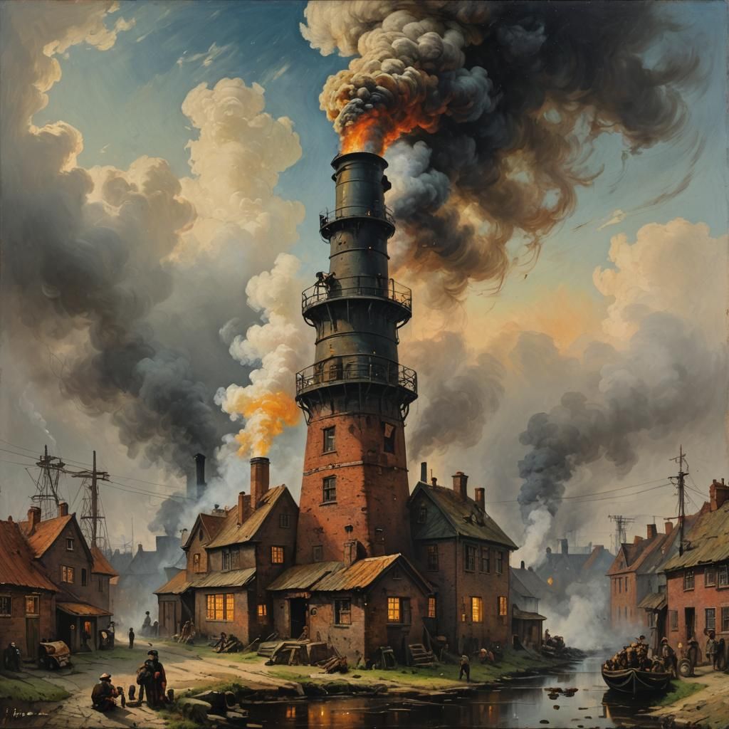 Factory Chimney Smoke: Oil Painting in Rembrandt Style