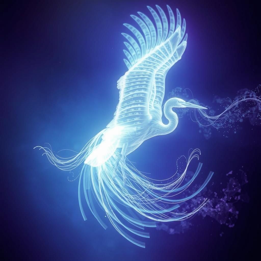 Luminous Heron Soaring Through Dreamlike Mist