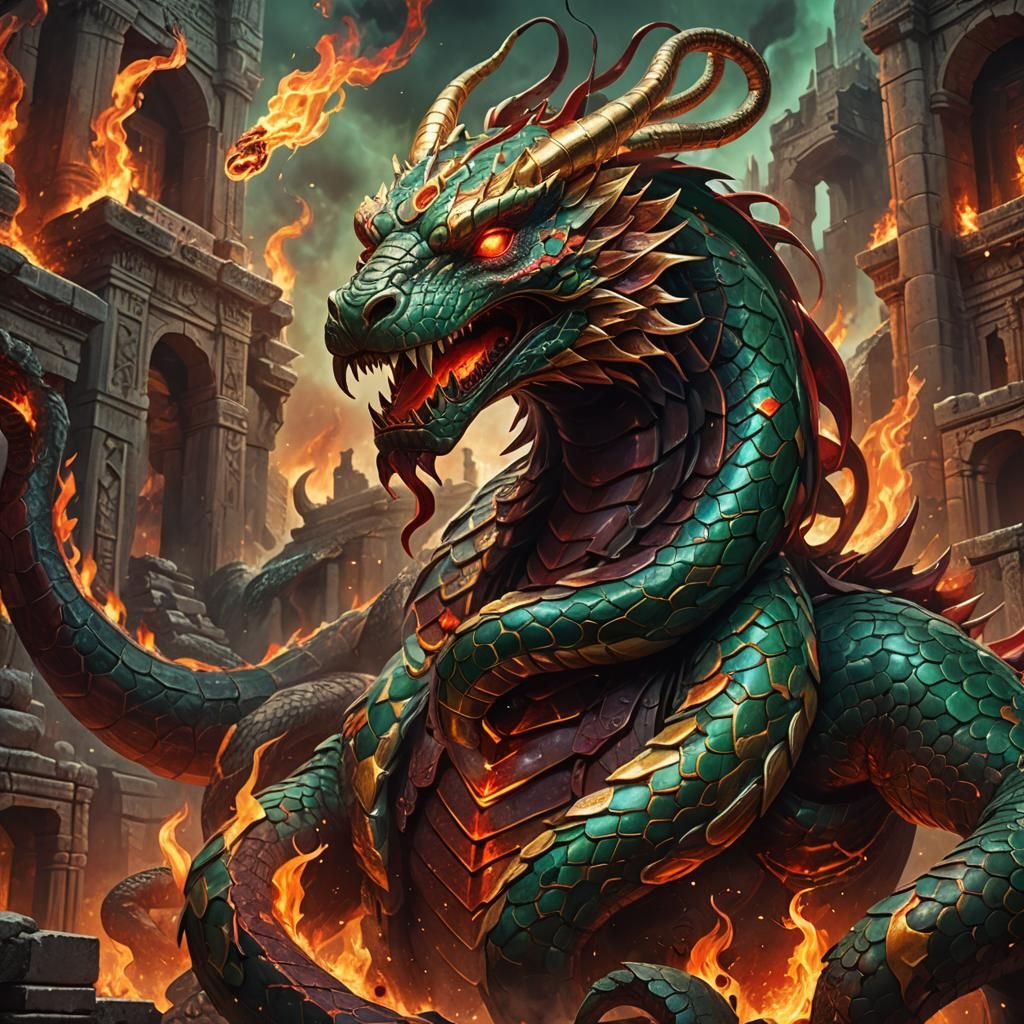 Multi-Headed Snake Demon in Dark Fantasy Ruins