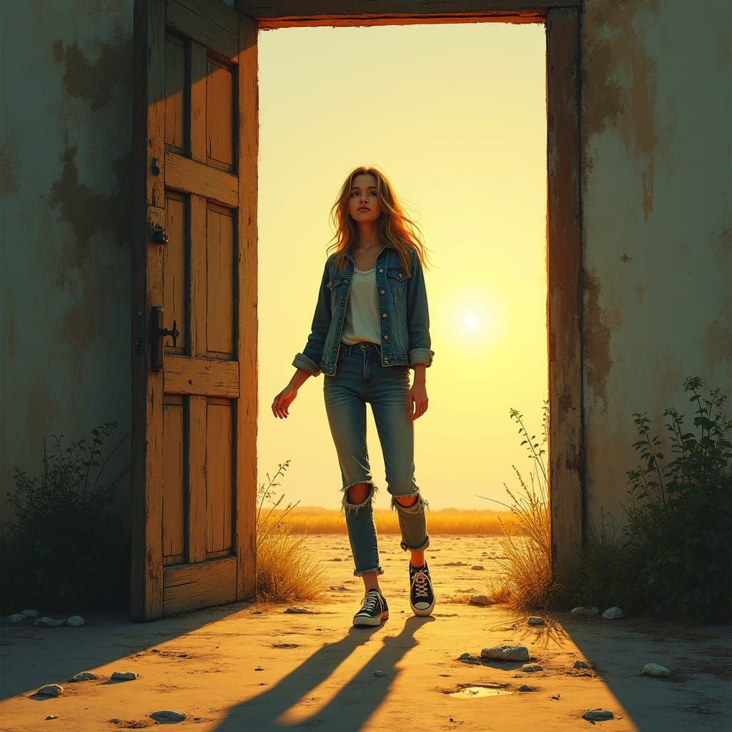 Woman at Threshold in Ethereal Illustration Style