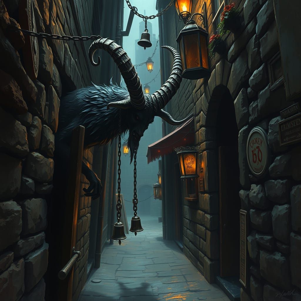 Krampus Lurking in Dark Alleyway, Dark Fantasy Art