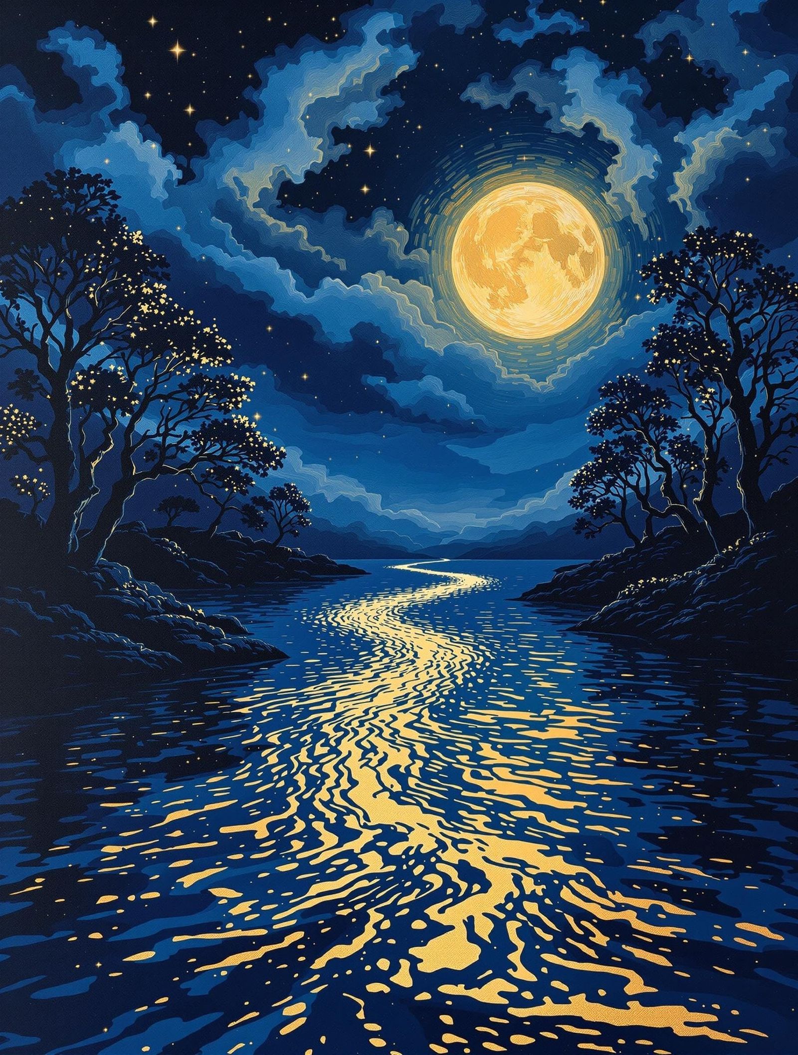 Navy and Gold Seascape at Night with Bowditch Curves