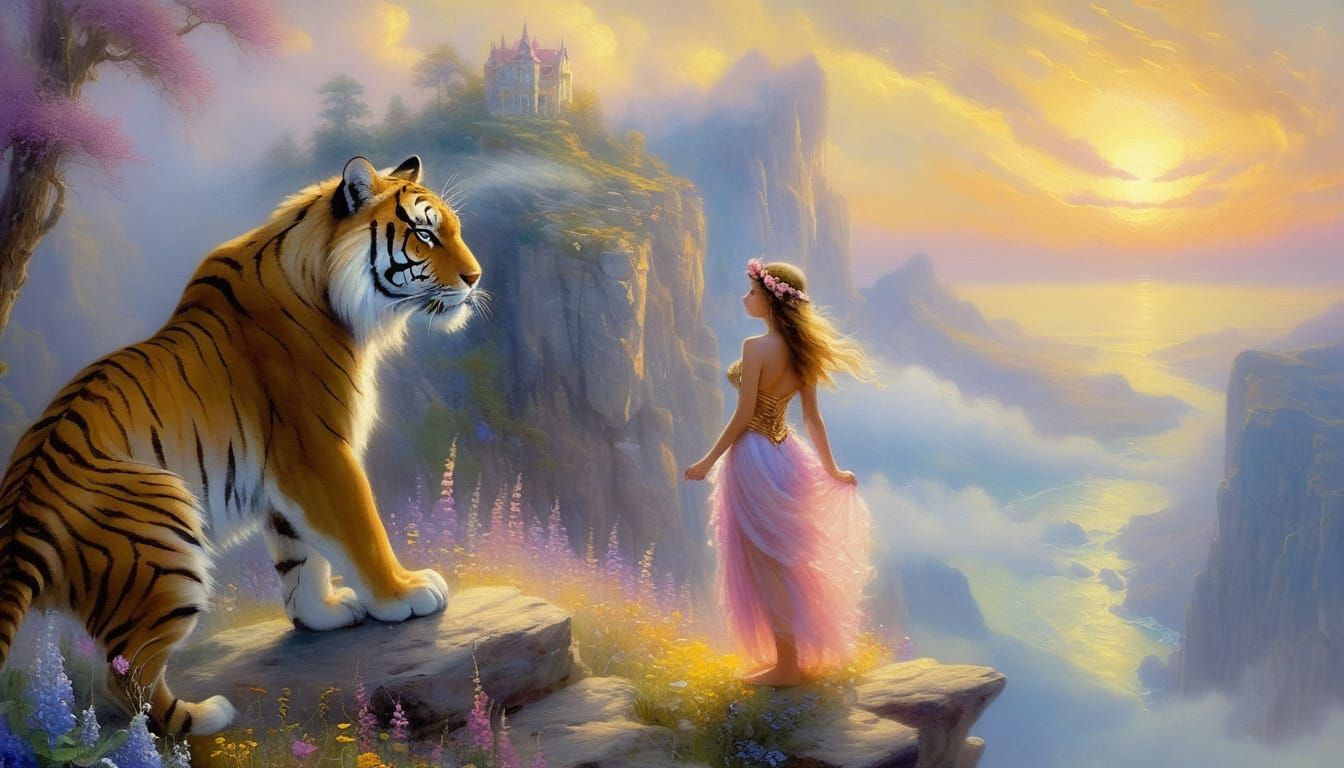 Fairy Warrior and Tiger: Dreamlike Impressionist Oil Paintin...