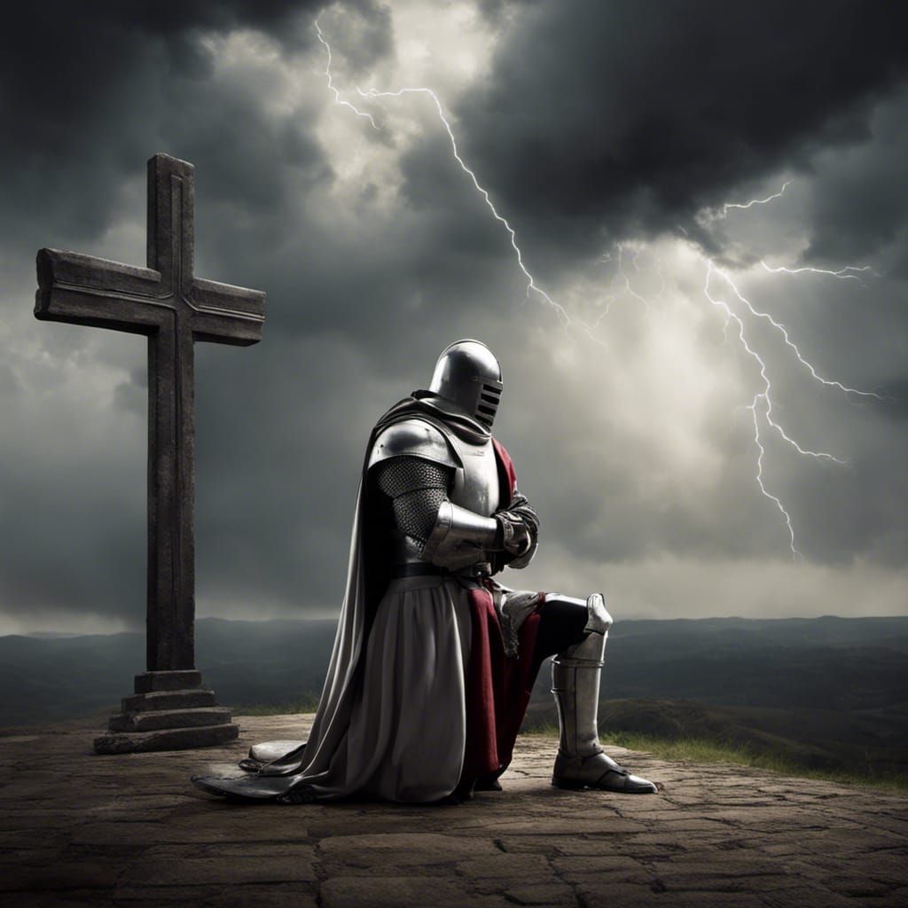 Crusader Knight Praying Amidst Storm