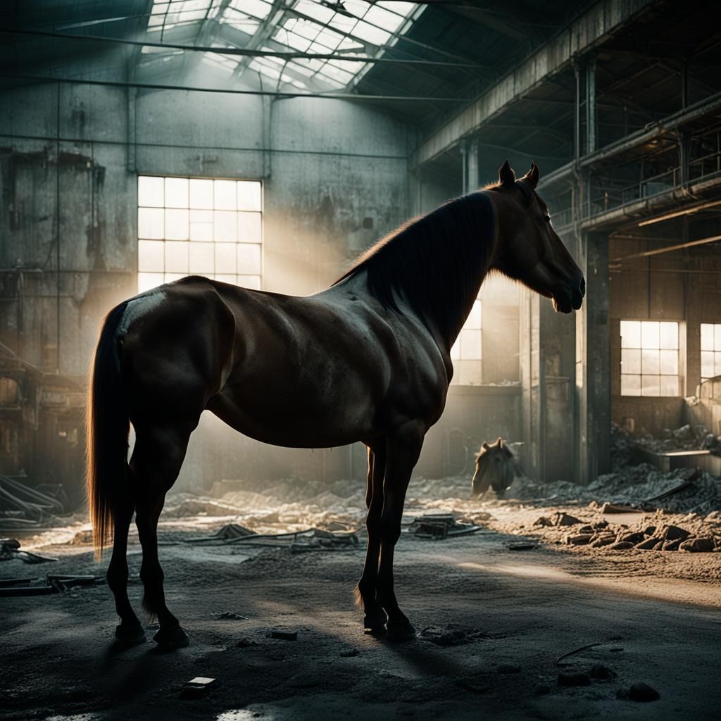 Cinematic Horse in Abandoned Factory