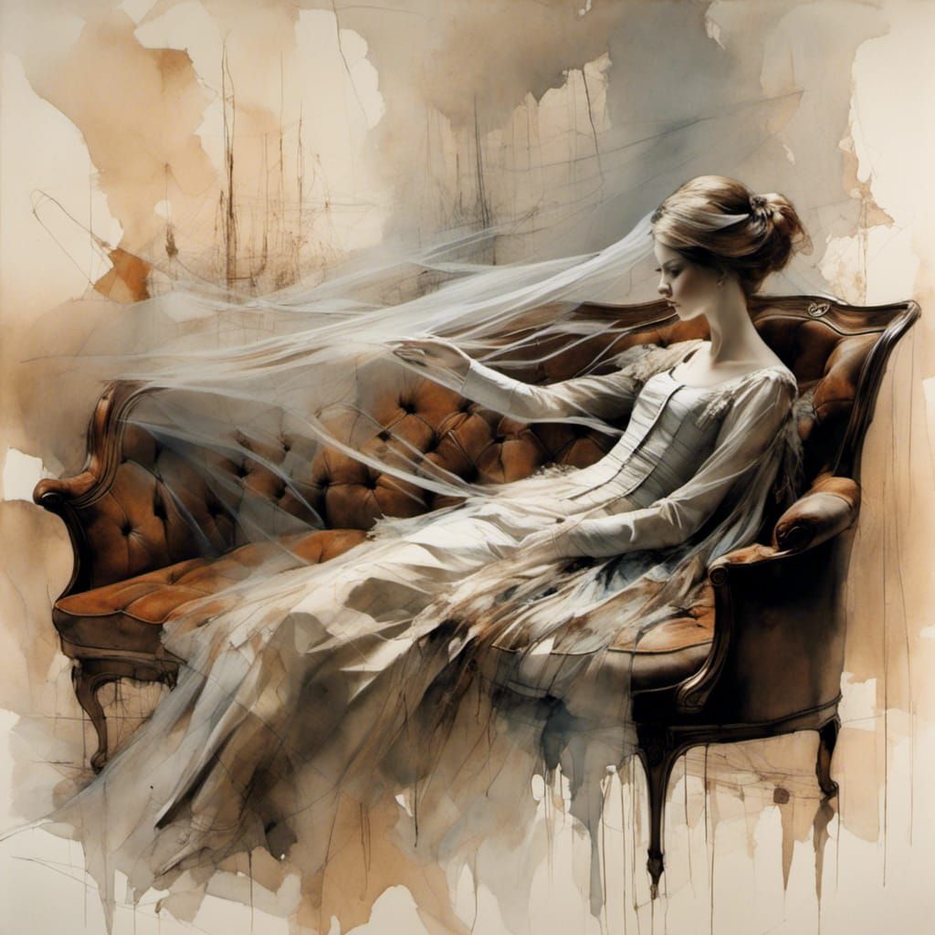 Veiled Woman Relaxing on Settee Eating Chocolates