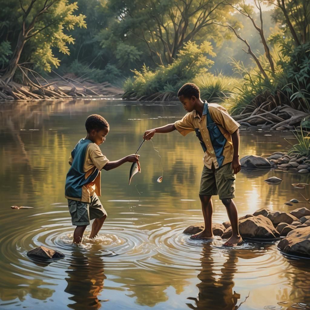 Boys Fishing in River Bathed in Light