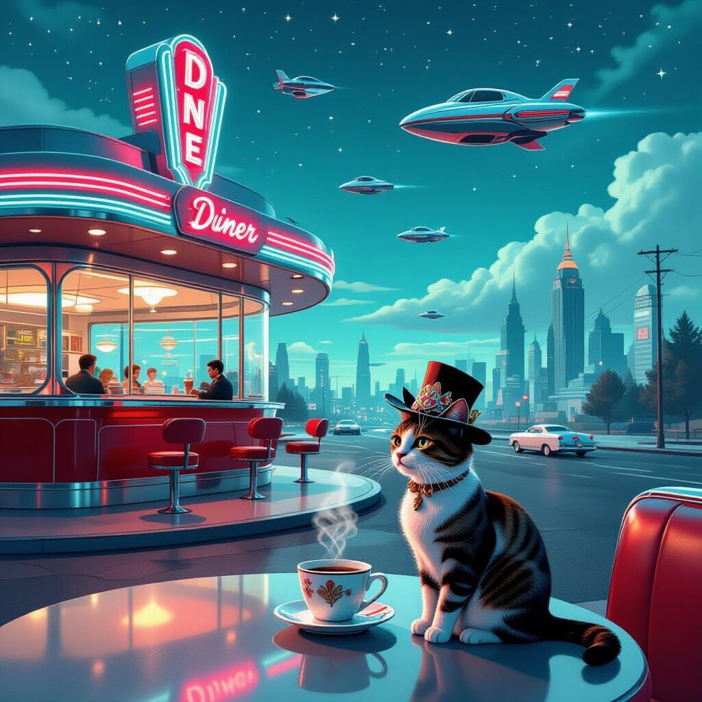 Retro-Futuristic Diner with Cat in Art Nouveau Hat