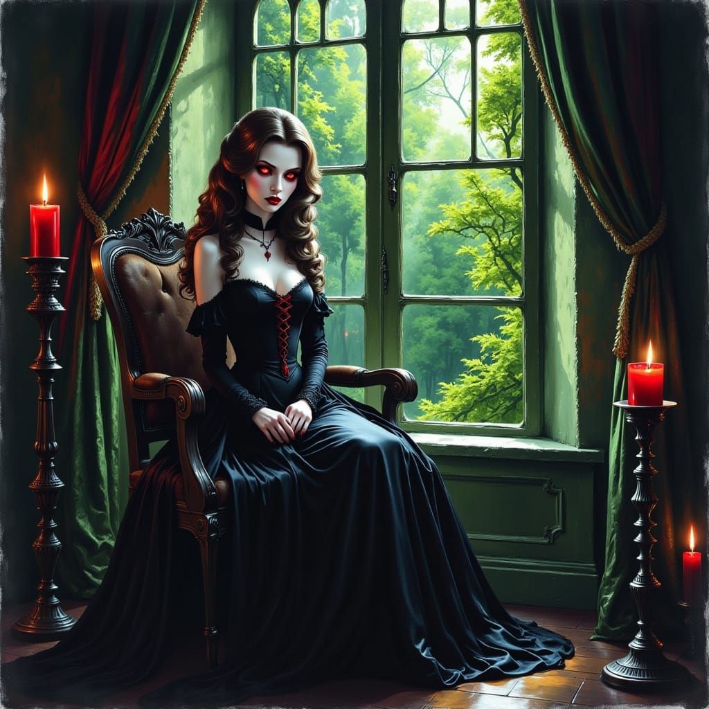 Gothic Woman in Forest Setting Watercolor Painting